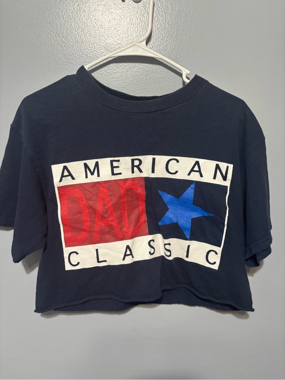 Y2K Navy Crop Top with Red 'DAD' Graphic and Blue Star